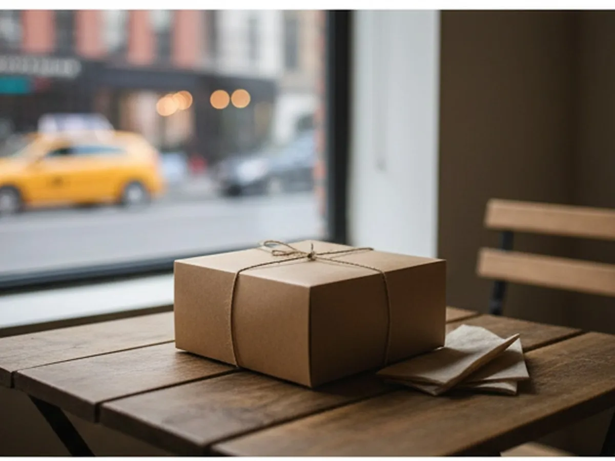 Photorealistic close-up of a bundled cake box and paper napkins on a café table for two near a window in Brooklyn, soft evening light, subtle city street blur outside, intimate dessert-date mood, no logos or readable text.