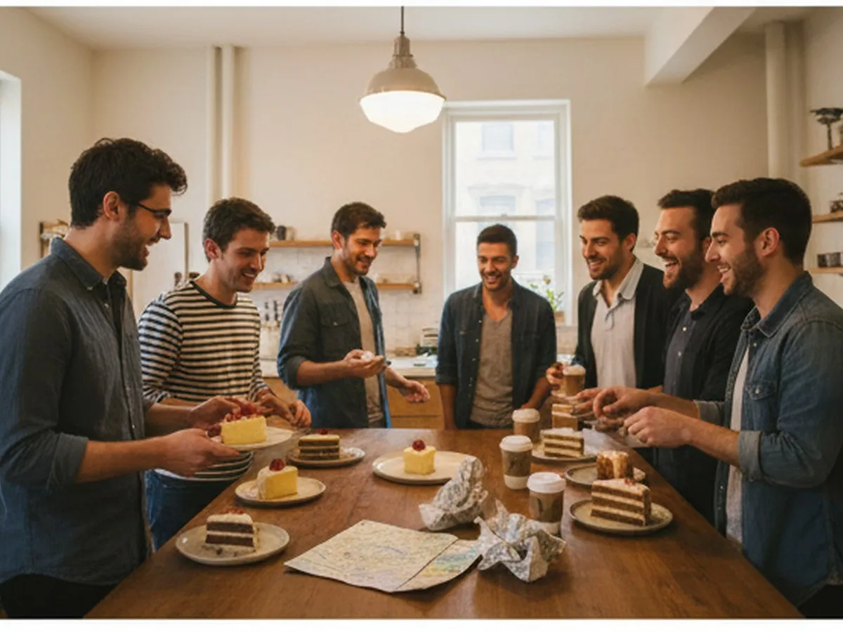 Photorealistic group gathering in a Manhattan apartment kitchen, friends setting out small cake slices on plates beside subway maps and takeout cups, candid lifestyle editorial composition, warm indoor lighting, no visible branding.