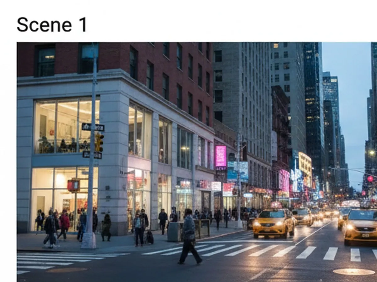 Twilight street scene in Midtown Manhattan with a busy avenue, yellow cabs, pedestrians in work attire and casual clothes, and a modern fast-casual restaurant on the corner, shot from eye level with soft neon glow and subway entrance in the foreground.