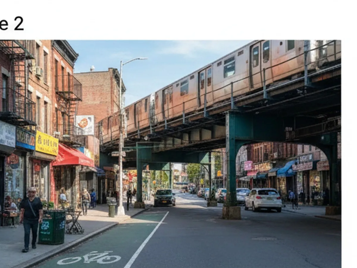 Bright afternoon photo along a Brooklyn commercial street near an elevated subway track, with locals walking past small shops and a contemporary fast-casual restaurant, trains visible overhead and bike lane markings on the asphalt.