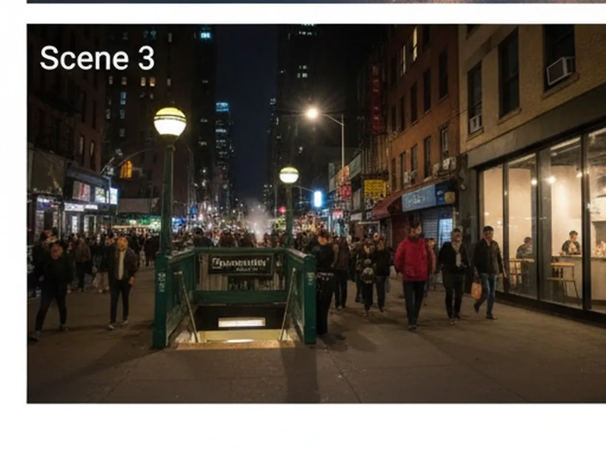 Nighttime scene in downtown Manhattan showing a bustling block near a subway station, commuters exiting the station, rideshare cars double-parked, and a modern restaurant interior visible through large windows, emphasizing the urban takeout vibe.