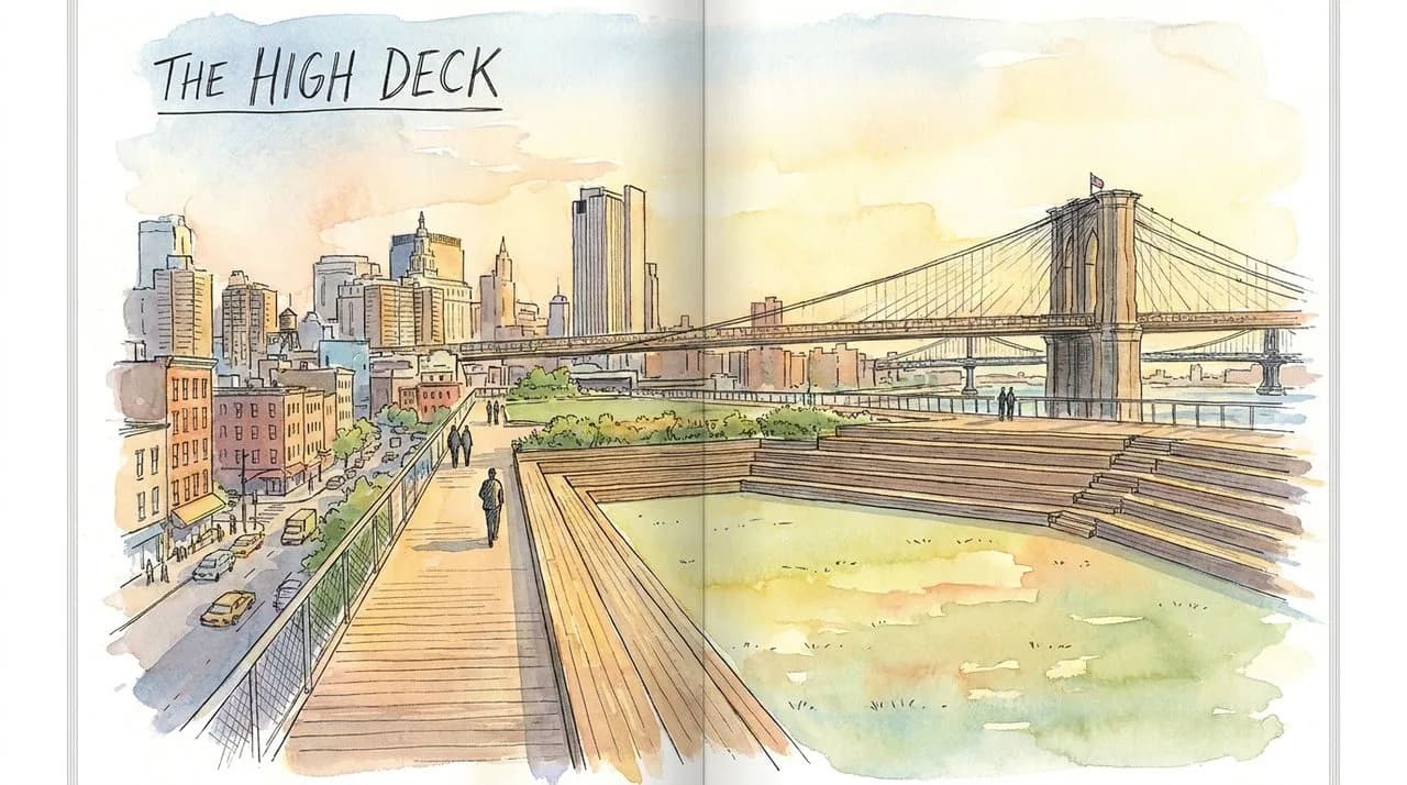 Hero — the lawn and amphitheater of the Elevated Acre at 55 Water Street, with the harbor and Brooklyn Bridge in the background and almost no one on the deck