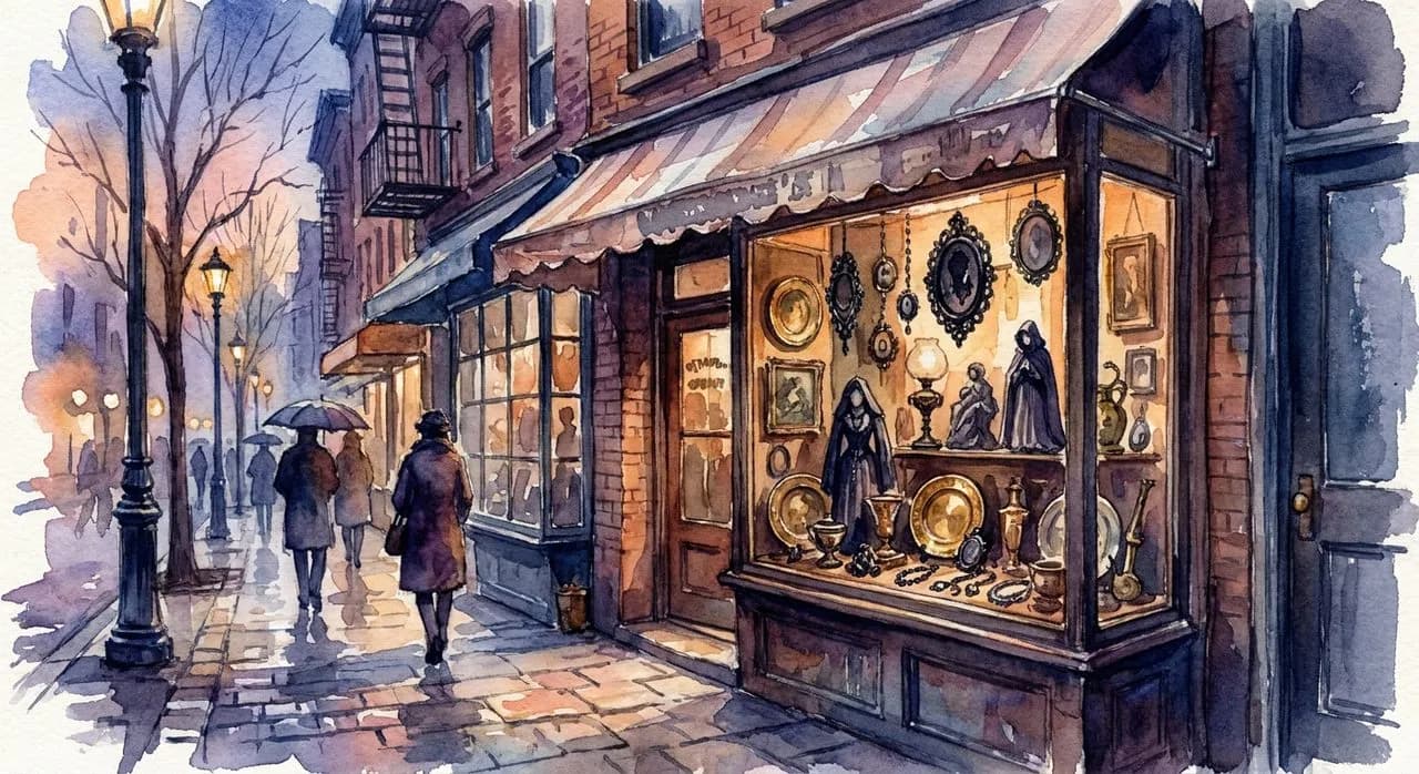 Obscura Antiques storefront on East 10th Street, East Village, with mourning jewelry and Victorian taxidermy in the front window