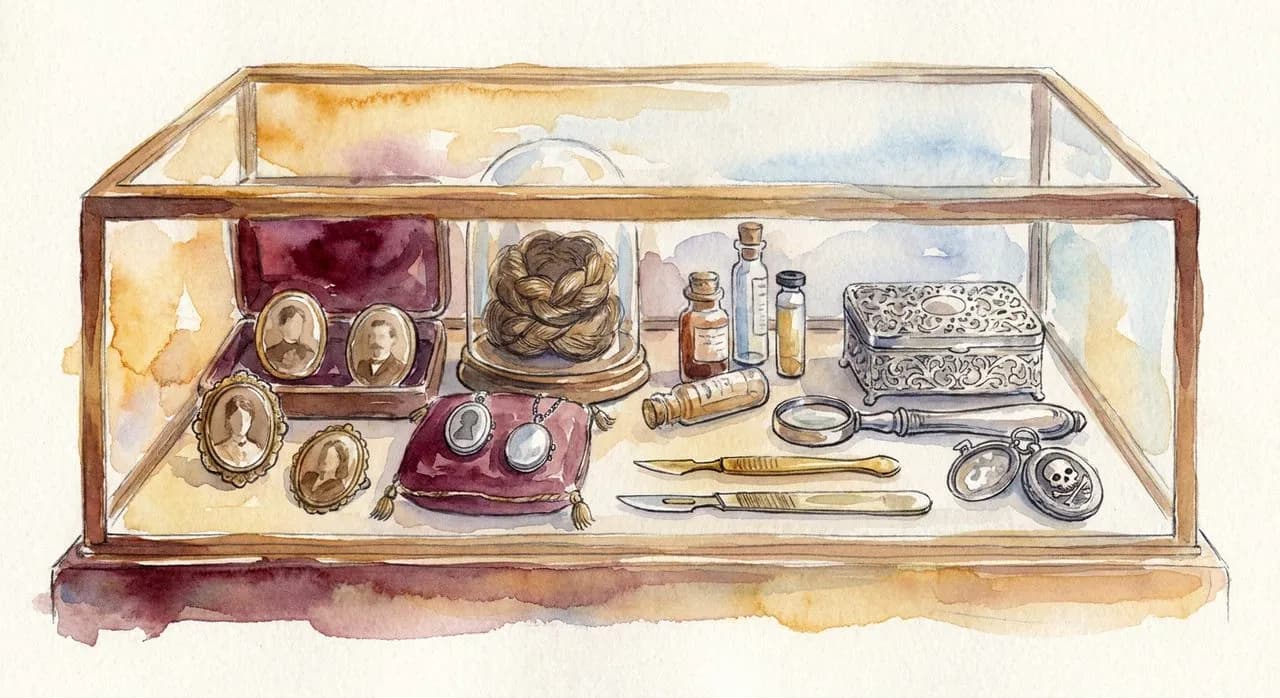 Glass cabinet at Obscura Antiques displaying mourning jewelry, antique medical instruments, and a Victorian-era brass casket plate
