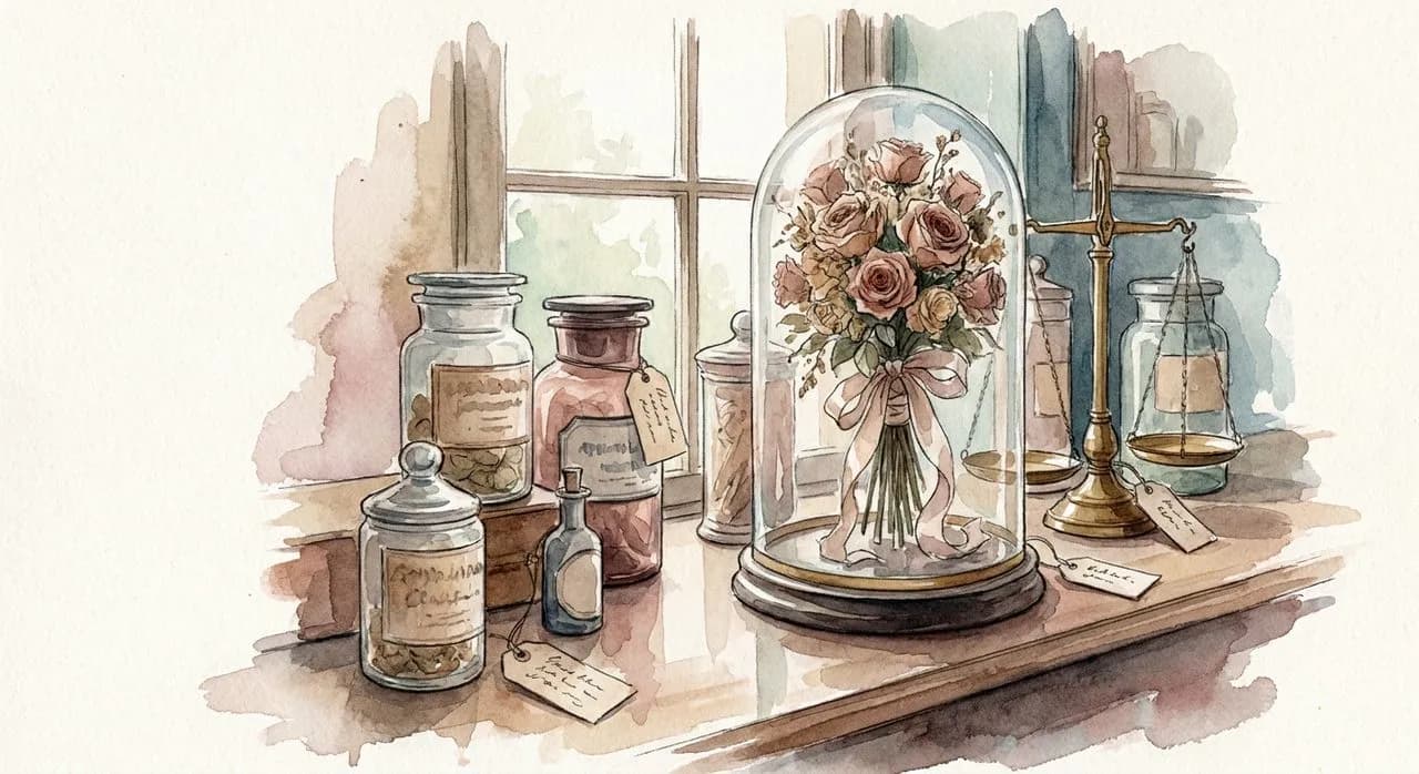 Detail of the back counter at Obscura Antiques — Victorian glass-domed bouquet, antique apothecary jars, the daily price-tag work of the owners