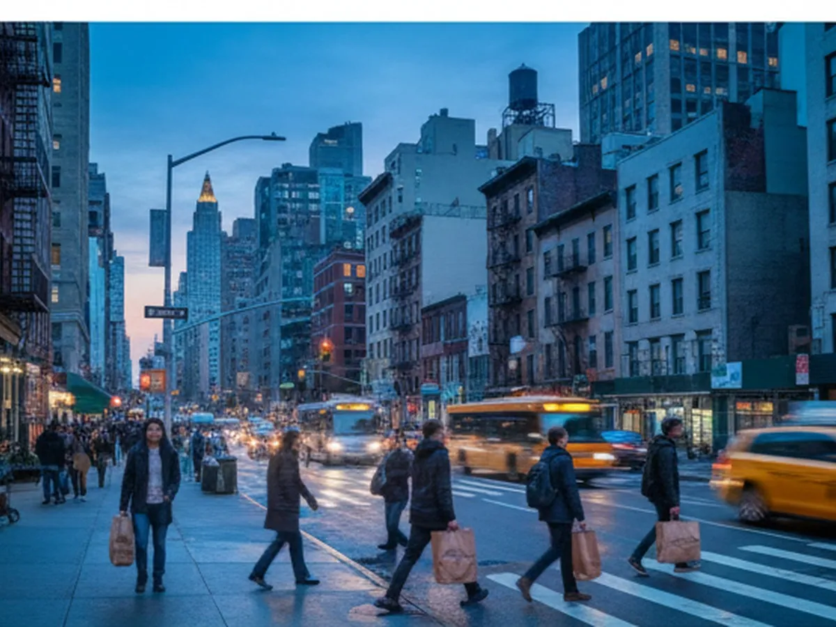 Blue hour street-level shot of a busy New York City avenue with young adults carrying discreet brown-paper bags from various liquor and grocery stores, taxis and buses in motion, and a skyline of mixed residential and commercial buildings in the background.