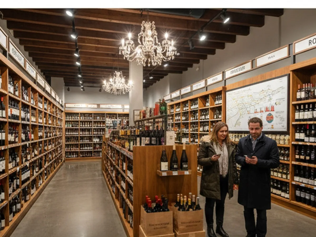 Interior shot of a bright, modern liquor superstore near the New York metro area, with long aisles of wine bottles, overhead signage for regions and styles, and a couple in their thirties consulting a shelving chart while another shopper checks their phone transit app.