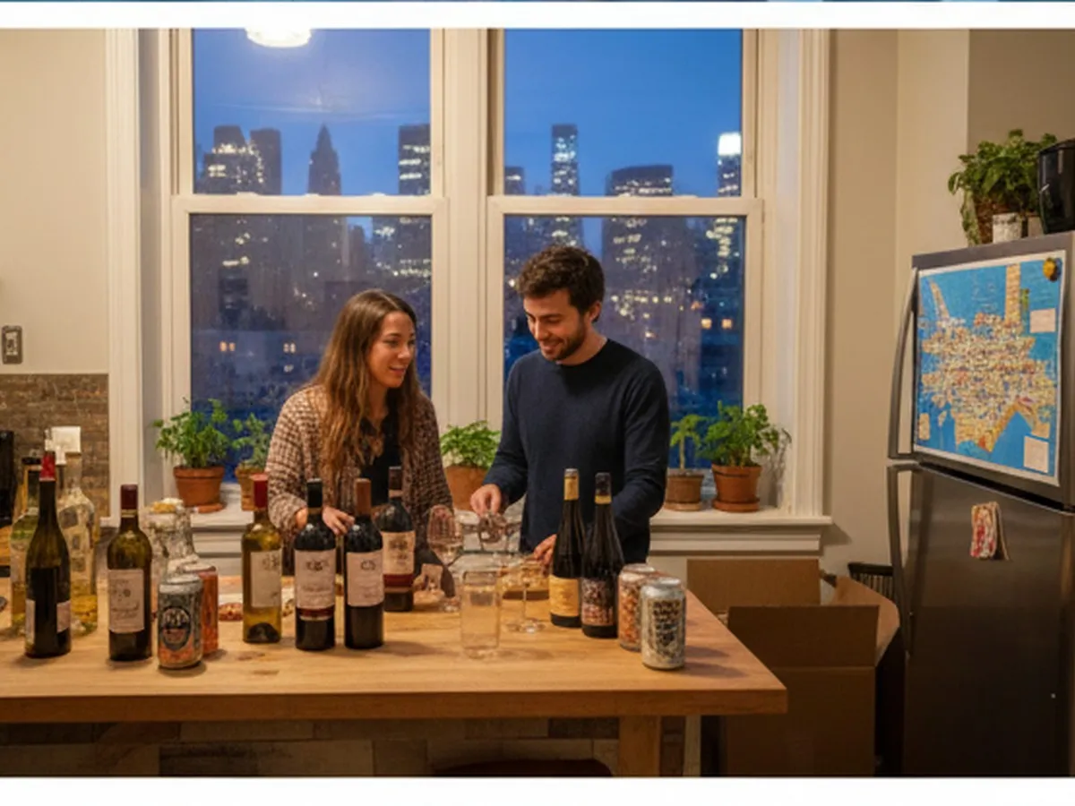 Evening scene of a small Brooklyn apartment kitchen with friends in their twenties and thirties unpacking assorted wine, craft beer, and spirits on a counter, subway map visible on the fridge, and the city lights glowing through the window behind them.