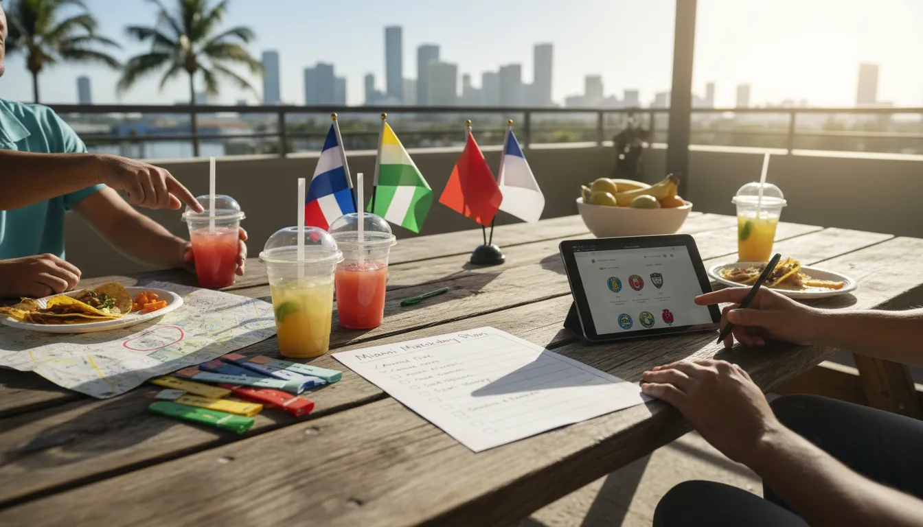 América vs Portland: Miami Sports Social & Group Planning — photorealistic Miami editorial scene