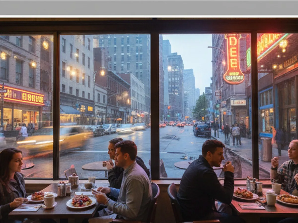 Blue‑hour street scene outside a busy New York City diner in Manhattan, with people in casual clothes sitting by big windows, plates of waffles and coffee visible on tables, yellow cabs passing on a wet street, and soft neon reflections creating a cozy yet urban atmosphere, photorealistic editorial style.