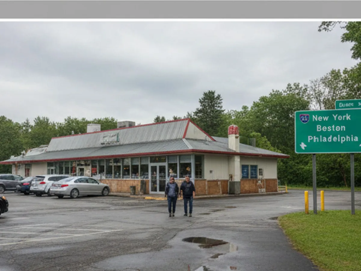 Daytime shot of a highway rest stop somewhere in the Northeast, with cars parked, a directional road sign listing cities including New York, and a generic roadside diner building in the background, people walking in and out with to-go coffee cups, overcast sky, photorealistic editorial travel style.