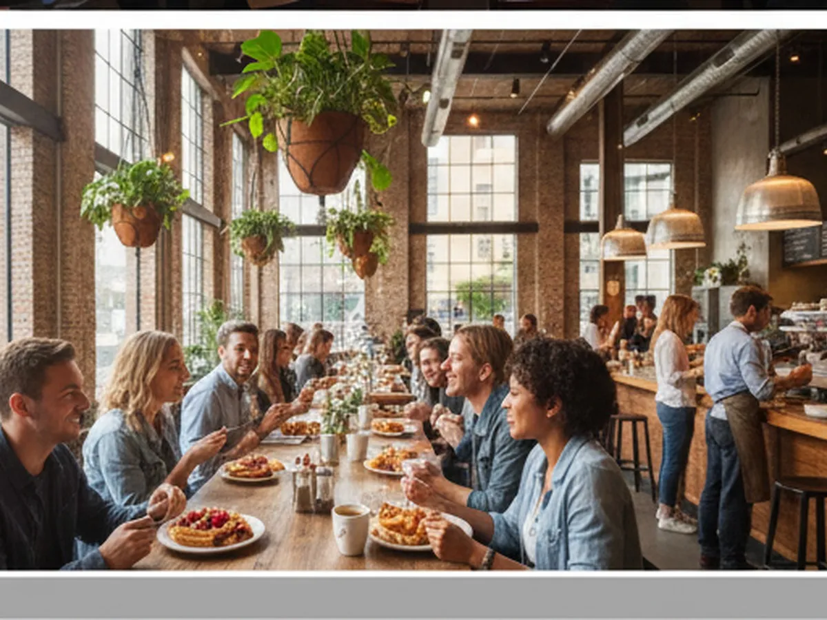 Interior of a trendy Brooklyn brunch spot with exposed brick, hanging plants, and big windows, friends in their 20s and 30s chatting over plates of waffles, fried chicken, and coffee, a barista at an espresso machine in the background, warm natural light, photorealistic editorial lifestyle style.