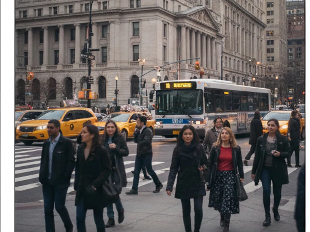 Cover: Early evening street-level view of a busy NYC intersection with diverse twenty- and thirty-something pedestrians crossing, yellow cabs and an MTA bus passing, and City Hall faintly visible in the distance, shot in soft natural light to feel civic and energetic.