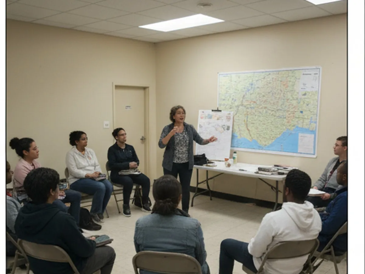 Inline one: Photorealistic scene inside a neighborhood community meeting in a Brooklyn multipurpose room, with a small group of young adults and older residents sitting in folding chairs, a speaker at the front with a printed map of the borough, and fluorescent lighting creating an authentic local-activism vibe.
