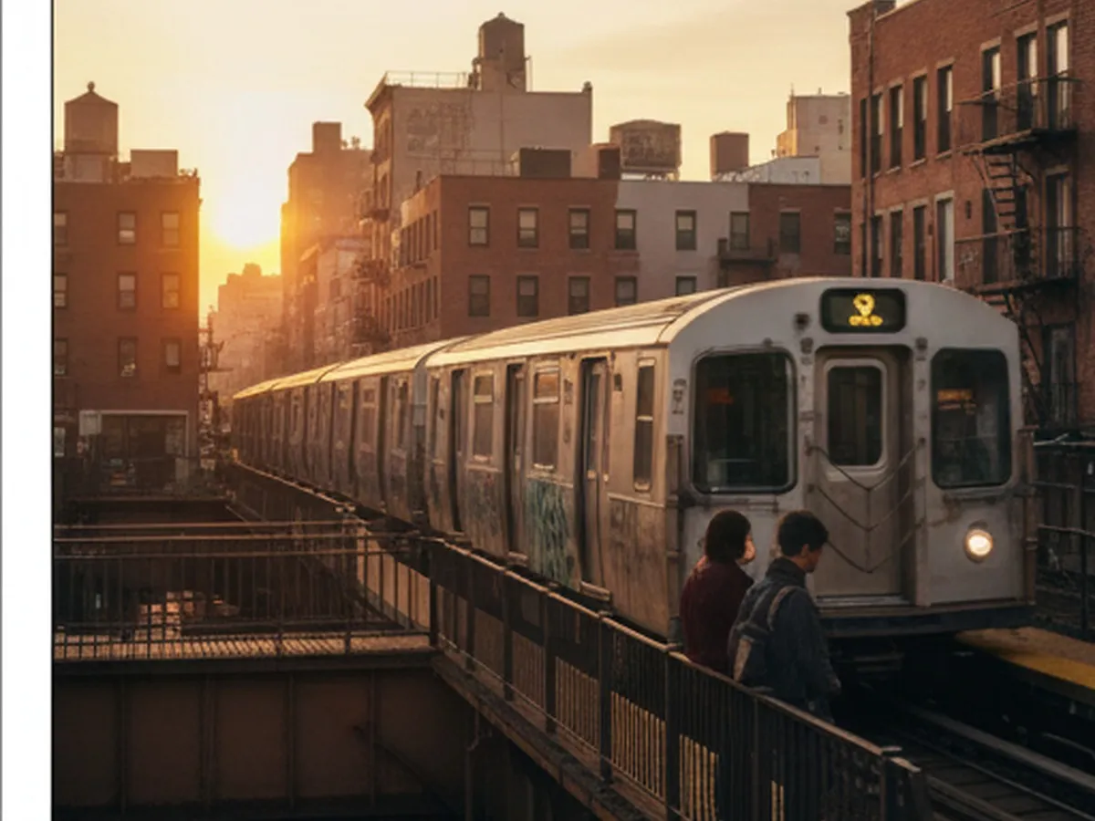 Inline two: Wide photorealistic shot of an elevated subway platform in Queens at golden hour, with a train pulling in, apartment buildings in the background, and a couple of friends leaning on the railing looking out over the neighborhood, evoking everyday urban life under changing city policy.