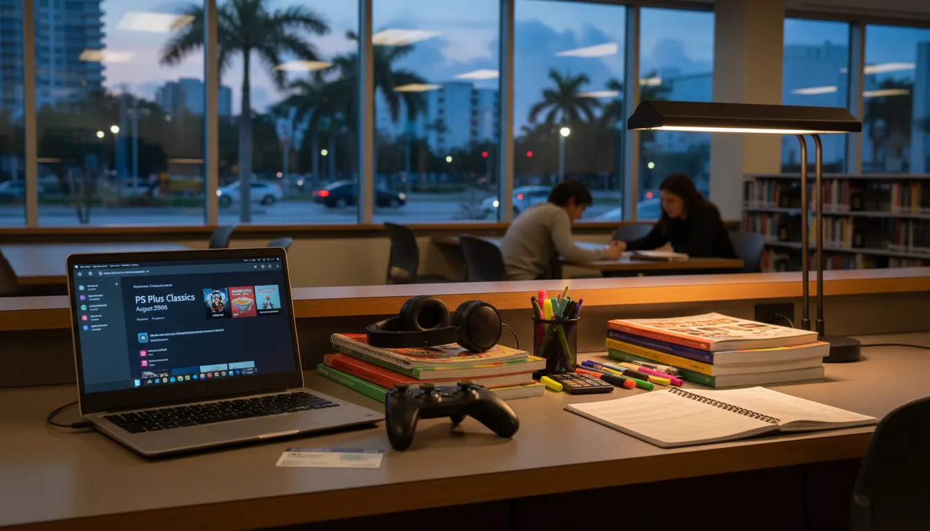 Budget-Friendly Miami Back-to-School: PS Plus August 2026 Classics and Learning — photorealistic Miami editorial scene