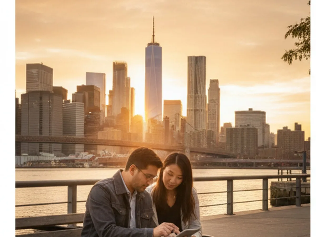 Golden‑hour shot of a diverse New Yorker couple sitting on a bench along the East River with the Manhattan skyline behind them, reviewing paperwork and a phone together, with soft natural light and a calm, photorealistic city atmosphere.