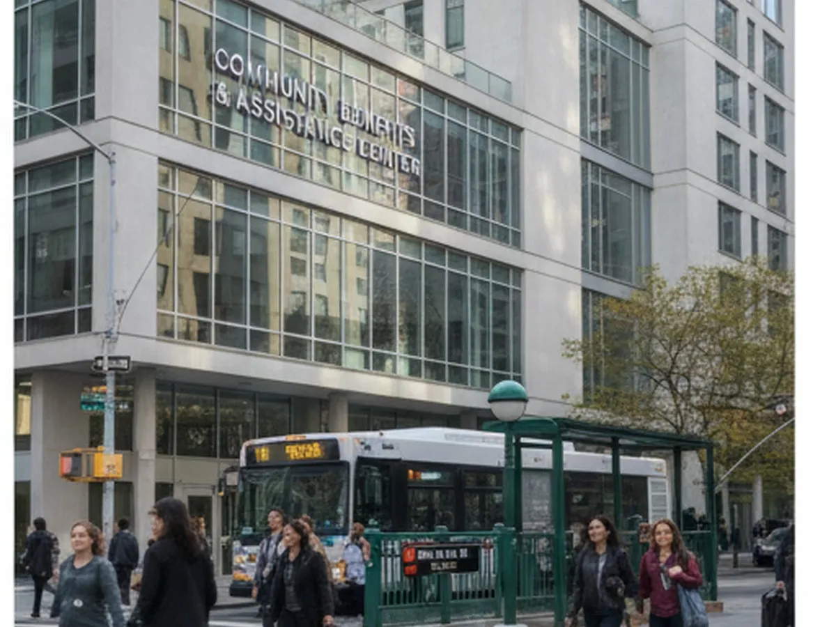 Midday street-level view of people walking past a modern government building in downtown Brooklyn, with clear signage indicating it’s a benefits or assistance center, surrounded by bus stops and subway entrances in realistic detail.