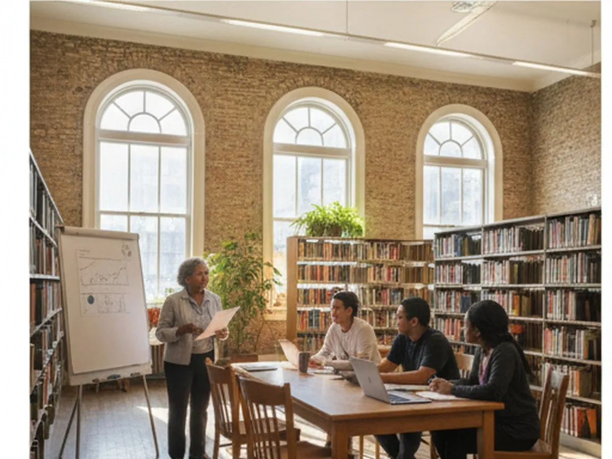 Late-afternoon scene inside a bright public library branch in Queens, showing a small group workshop at a communal table where an advisor speaks with young adults about budgeting, with bookshelves, laptops, and natural window light in a photorealistic style.