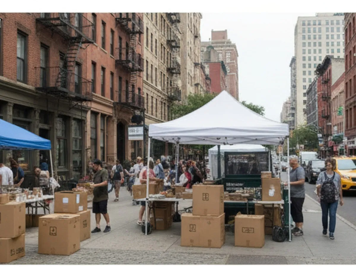 A bright documentary-style street-level photo outside a Manhattan nonprofit donation center on a weekday afternoon, with volunteers sorting sealed boxes on a curbside loading area and pedestrians moving past nearby bus stops, realistic city detail, natural light.
