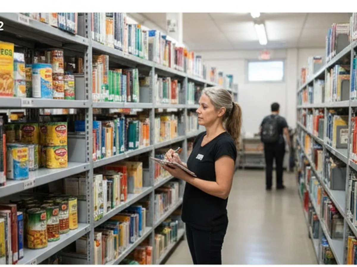An editorial photo inside a community food pantry in Brooklyn, showing neatly organized shelves, labeled bins of canned goods, and a volunteer checking inventory on a clipboard, with no readable signage and a candid, authentic atmosphere.