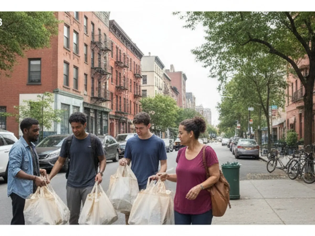 A photo of New Yorkers dropping off reusable clothing bags at a neighborhood charity collection site in Queens, shot at street level with apartment buildings, parked bikes, and late-summer daylight, emphasizing everyday civic giving without logos or text.