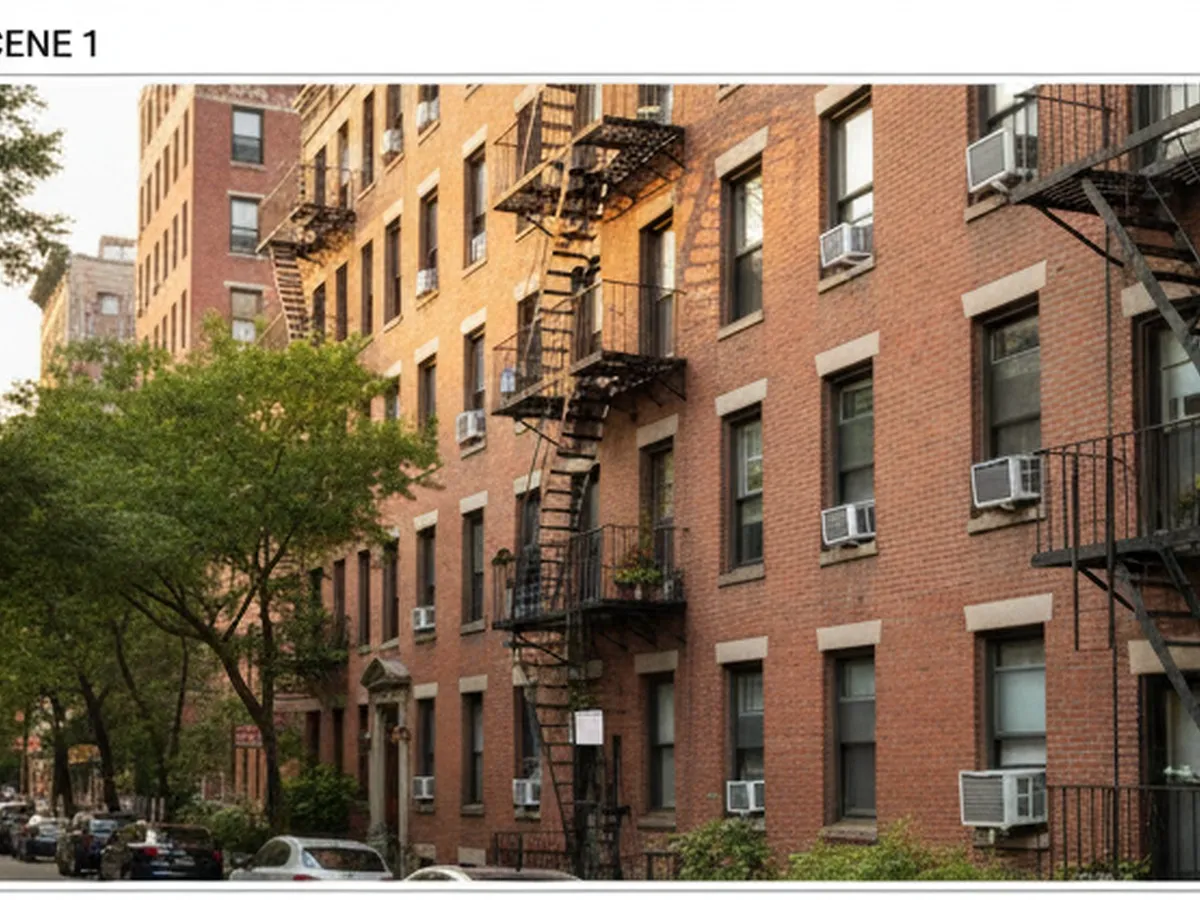 Golden‑hour view of a prewar NYC apartment building facade in summer, several windows showing modern window and through‑the‑wall AC units, a fire escape running down the brick wall, leafy street trees below, shot from across the street with warm natural light and realistic detail.