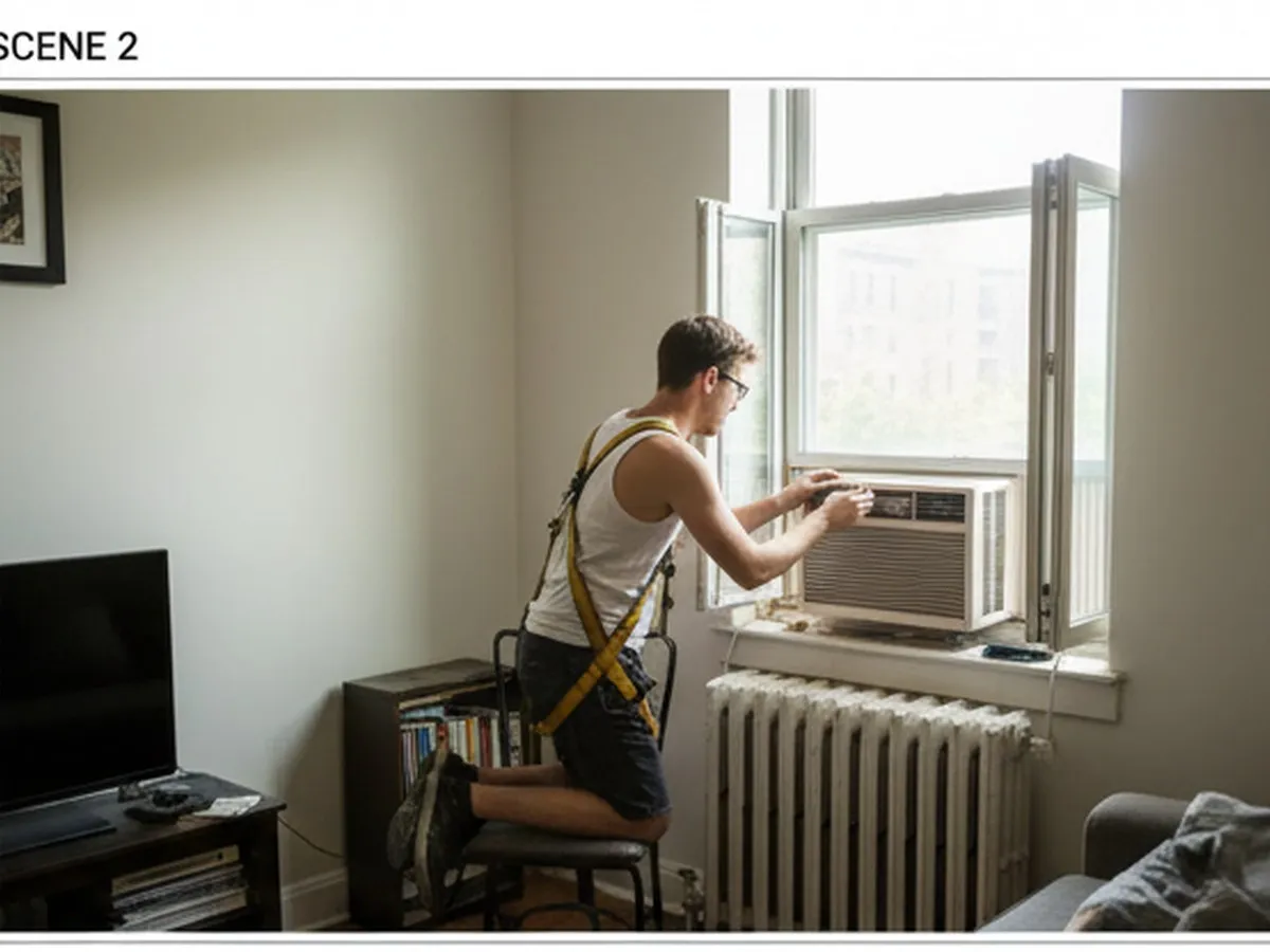 Interior of a compact NYC rental living room on a hot summer day, a young adult adjusting a newly installed window AC with proper side panels and secure brackets, visible radiator and typical casement window, soft natural light, photorealistic and candid.