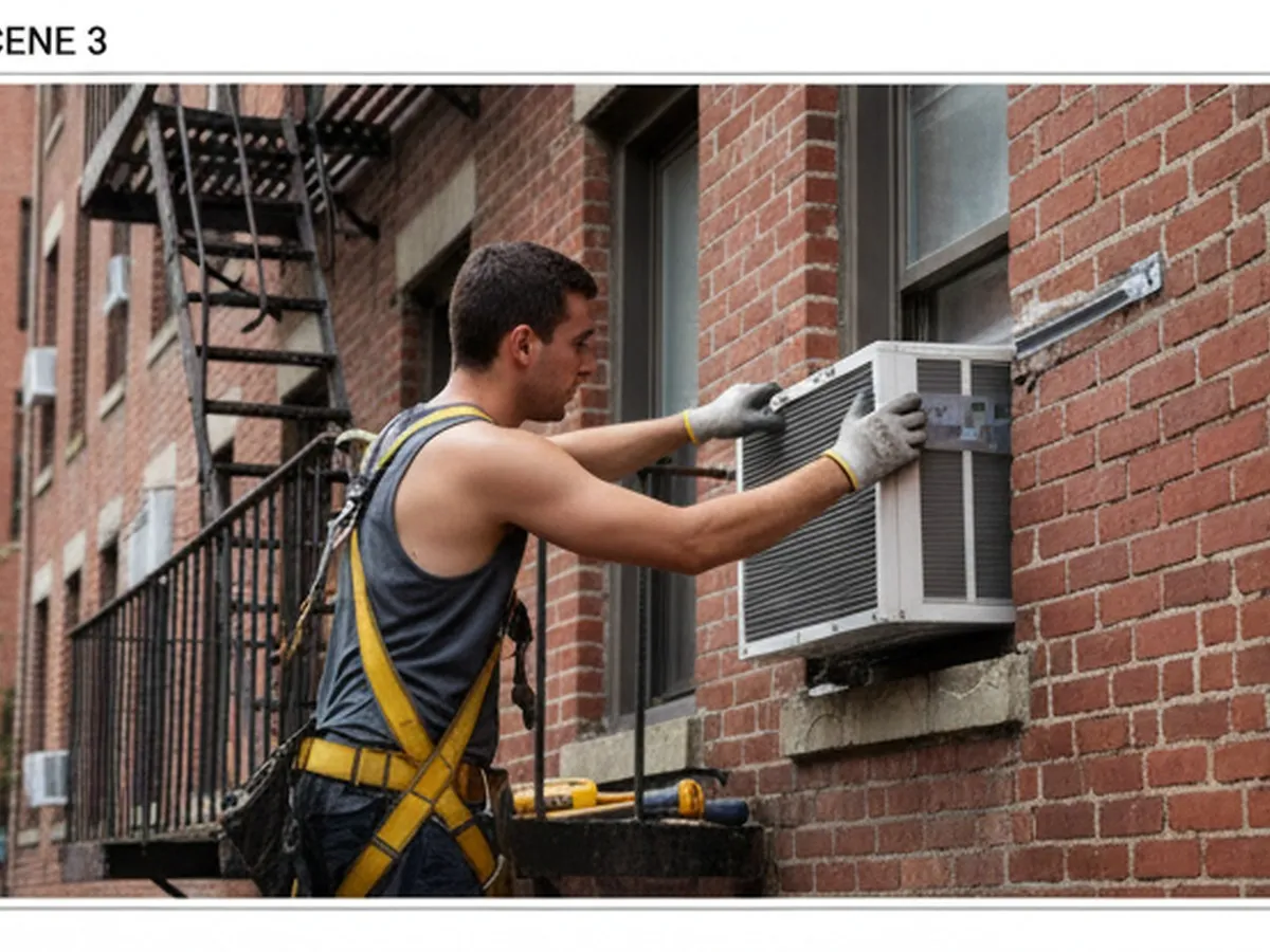Close-up of a super or contractor carefully mounting a through-the-wall AC sleeve in a mid-rise NYC brick building, tools and level visible, safety harness on a fire escape, showing attention to safe installation without any logos or text, photorealistic daytime scene.