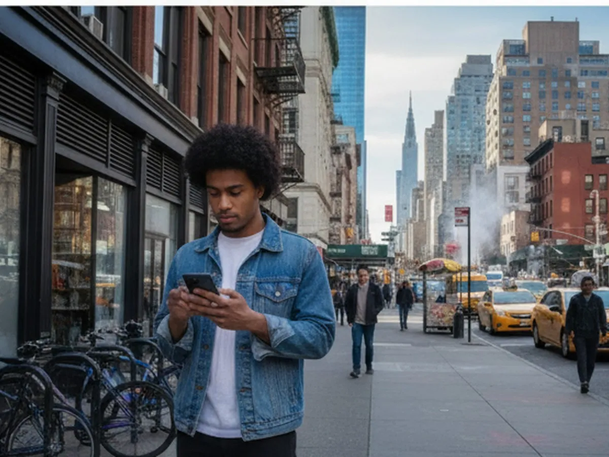 Photorealistic street-level scene outside a Manhattan public library branch on a weekday morning, a diverse young adult checking a city services checklist on a phone while standing near a bus stop and bike rack, bright natural light, candid urban lifestyle photography