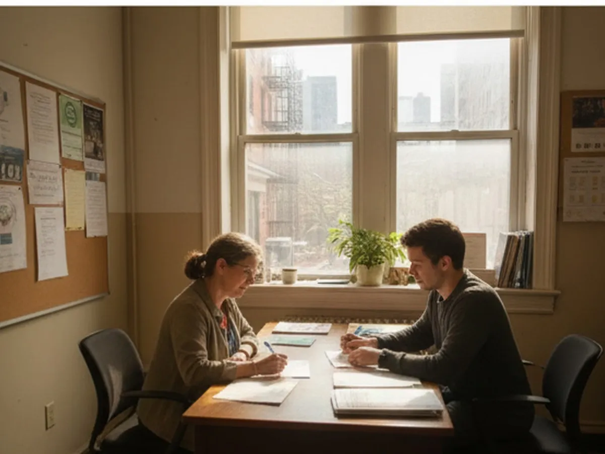 Photorealistic interior scene at a Brooklyn community center service desk with a resident speaking to a staff member and filling out a simple form, warm daylight, realistic paperwork, everyday civic-help atmosphere