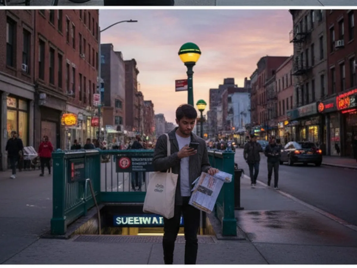 Photorealistic evening scene on a Queens sidewalk near a subway entrance, a commuter reviewing transit alerts on a smartphone while holding city mail and a tote bag, soft dusk light, authentic NYC neighborhood detail
