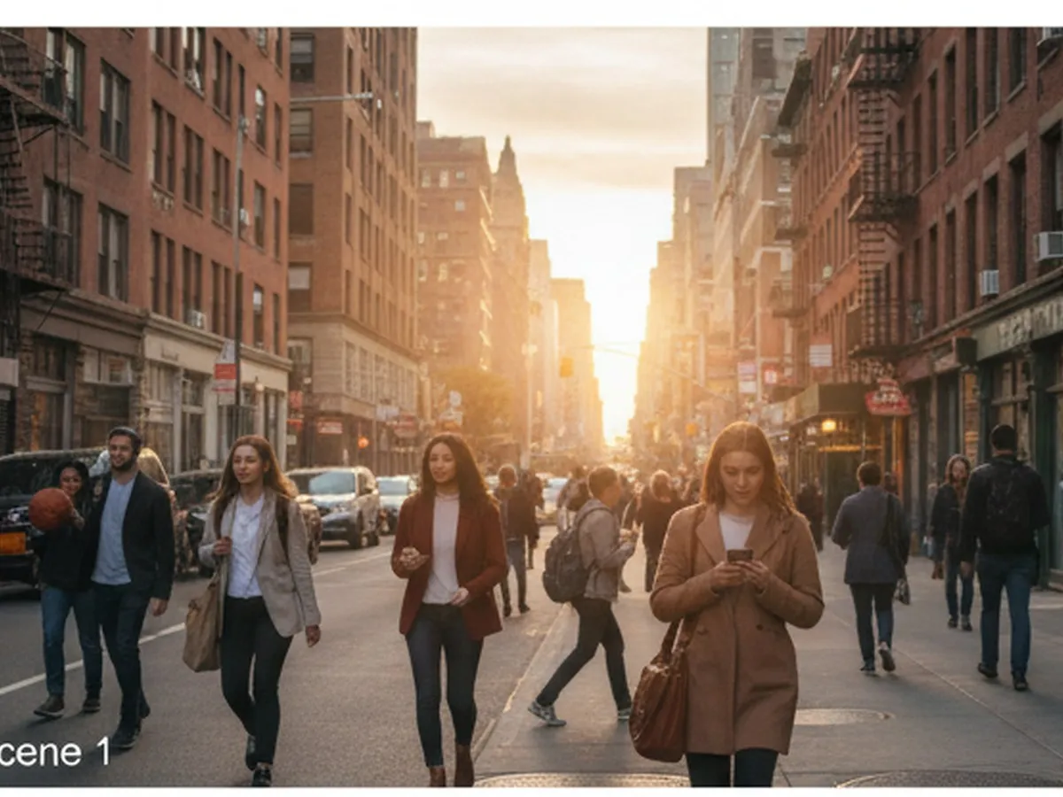 Sunrise view of a busy New York City street in Manhattan with a mix of small storefronts and office buildings, diverse young professionals walking with laptops and coffee, subtle focus on one person looking at a government website on their phone, warm natural light, photorealistic editorial style.