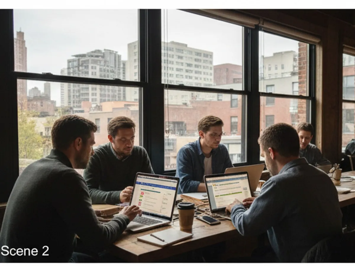 Interior of a cozy Brooklyn coworking space with large windows, a few entrepreneurs gathered around a table with laptops, one person filling out an online IRS form on a screen, city buildings visible outside, candid documentary feel, photorealistic lighting.