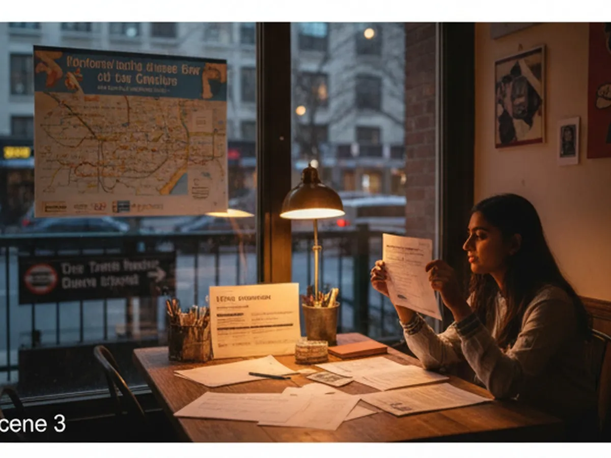 Evening scene inside a small Queens café where a founder reviews printed IRS confirmation letters and bank forms at a table, transit map and subway entrance visible through the window, everyday NYC atmosphere, realistic textures and lighting, editorial documentary style.