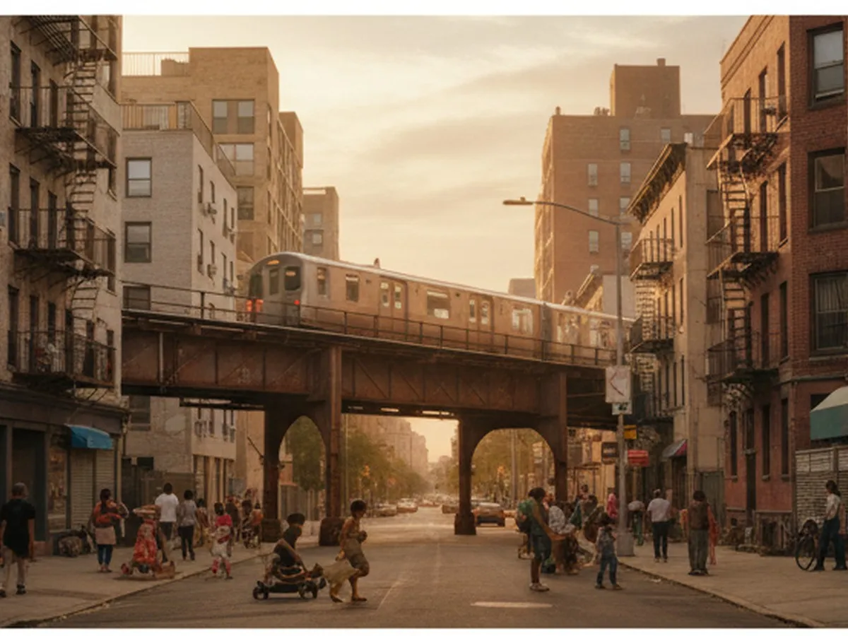Golden-hour street-level photo of a busy NYC residential block in the Bronx, with mid-rise apartment buildings, a mix of older brick walk-ups and newer affordable housing, families on the sidewalk, and an elevated subway line in the background under a clear summer sky.