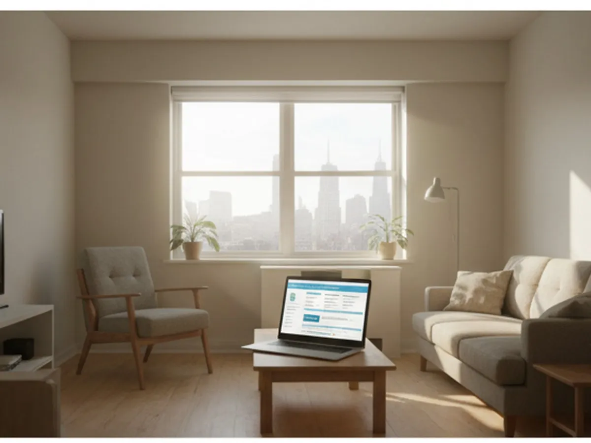 Daytime interior photo of a modest but clean NYC apartment living room in Queens, with sunlight coming through a large window, simple furniture, a laptop open on a coffee table with government housing forms visible on the screen, and the city skyline faintly visible outside.