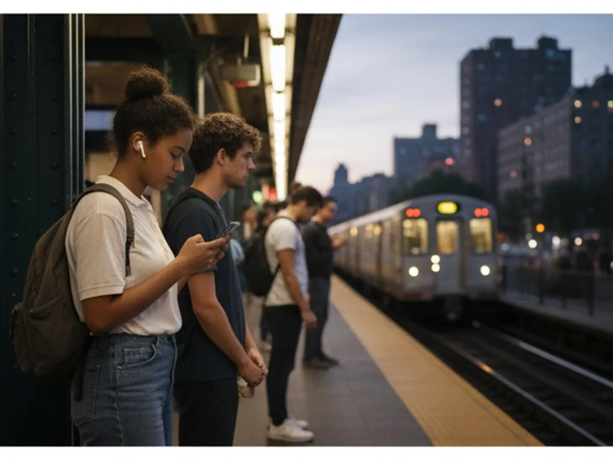 Evening photo on a subway platform in Brooklyn, showing a diverse group of young adults waiting for a train, one person scrolling housing information on their phone, with a local train pulling in and apartment buildings visible beyond the tracks under soft city lights.