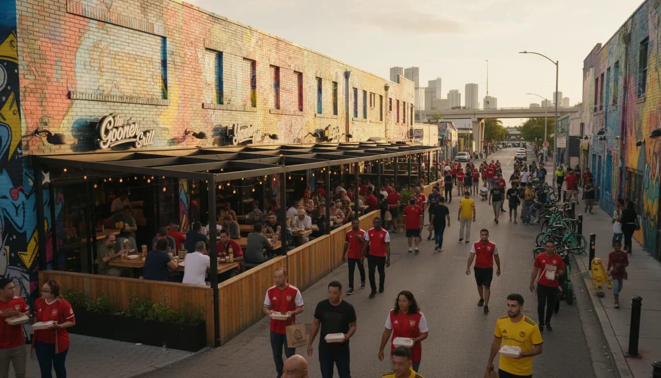 Miami Game Day Eats: Arsenal vs Dortmund Inspired Restaurant Plan — photorealistic Miami editorial scene