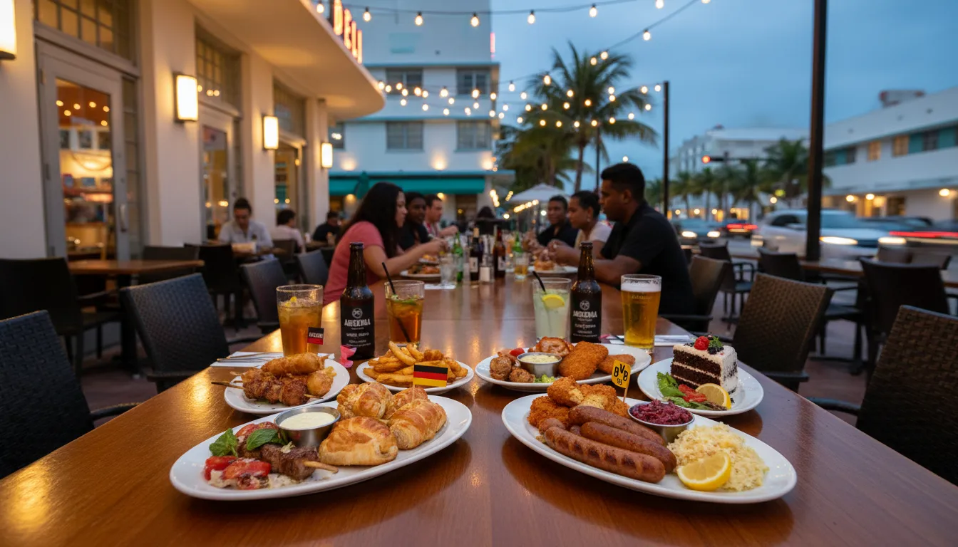Practical city scene for Miami Game Day Eats: Arsenal vs Dortmund Inspired Restaurant Plan
