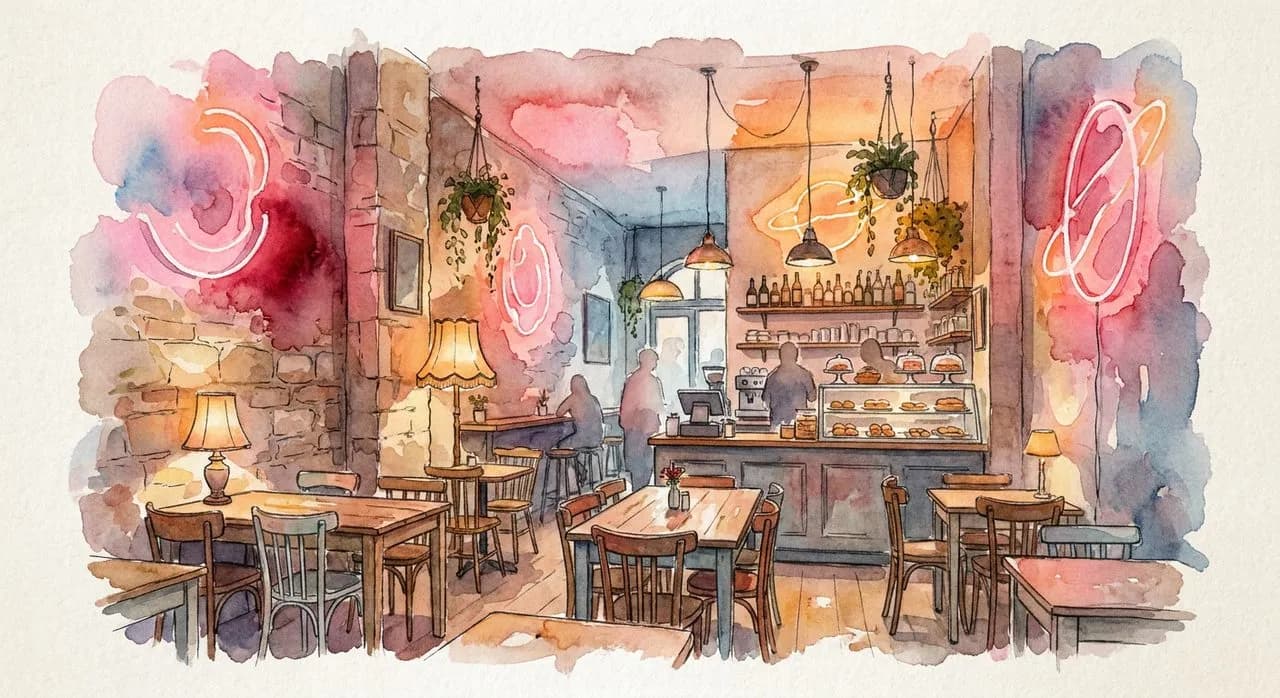 The Rolling Scones café tables in the centre of God's Own Junkyard, surrounded by pink wedding-chapel signs and a Christmas tree of Vegas marquees