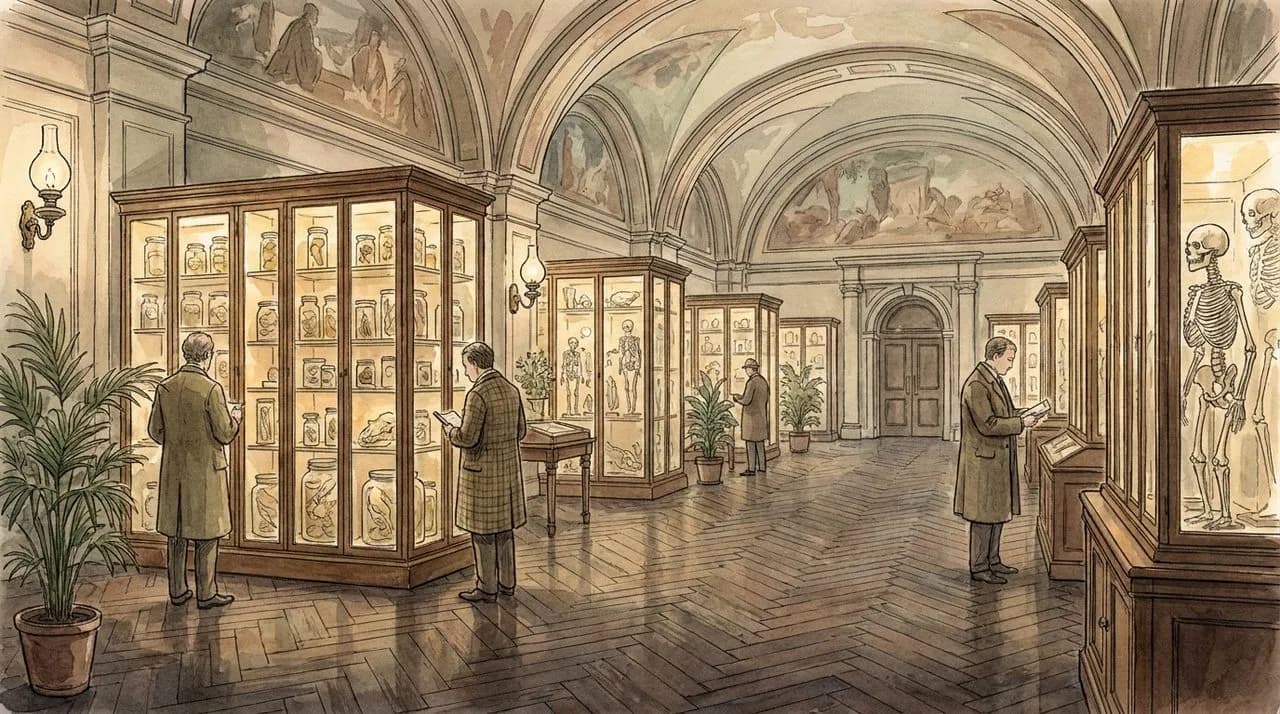 Hero — interior of the reopened Hunterian Museum at the Royal College of Surgeons, glass cases of specimens lit warmly, with the dark herringbone floor and high ceilings of the 1813 Lincoln's Inn Fields building