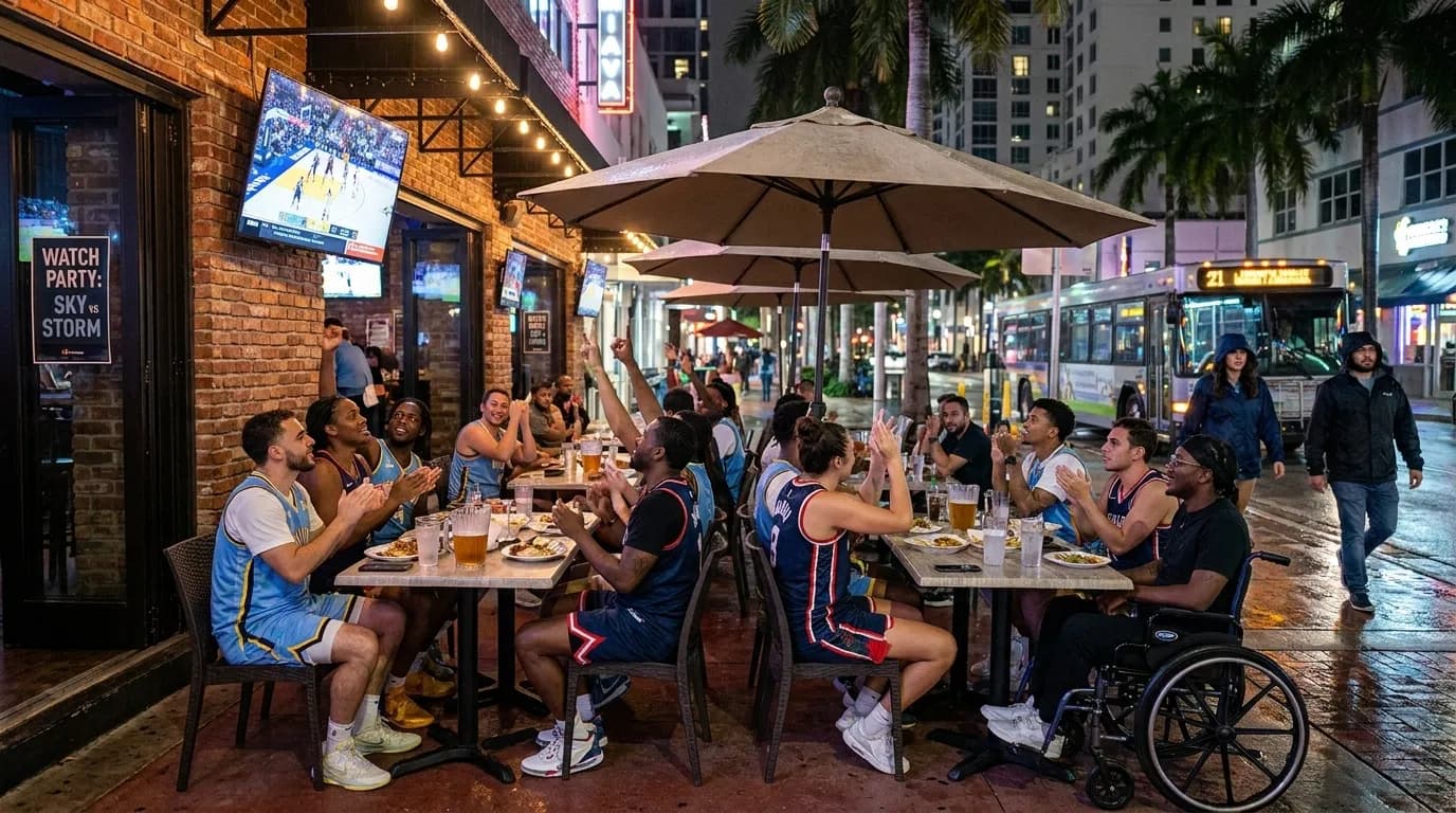 Sky vs Storm: Miami WNBA Night for Mixed-Fandom Groups — photorealistic Miami editorial scene