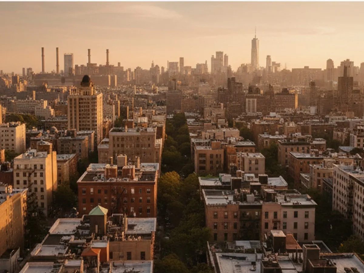Aerial, photorealistic summer evening shot of Manhattan with brownstone-lined streets and the skyline in the distance, warm apartment windows glowing, subtle focus on a typical NYC neighborhood to evoke local taxpayers, soft natural lighting.