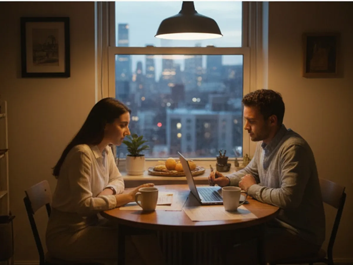 Photorealistic scene inside a cozy New York apartment: a young couple in their 30s sit at a small kitchen table with a laptop open to tax forms, coffee mugs nearby, and the skyline visible through the window at dusk, conveying focused but calm financial planning.