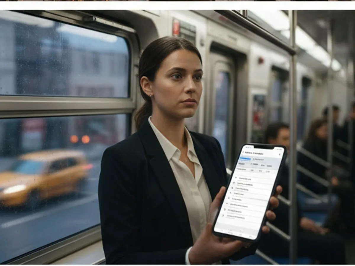 Photorealistic image of a solo young professional on a subway train, looking at a tax-planning checklist on their phone, with a blurred view of NYC buildings through the window and soft overhead lighting, capturing an everyday New Yorker squeezing in money planning during their commute.