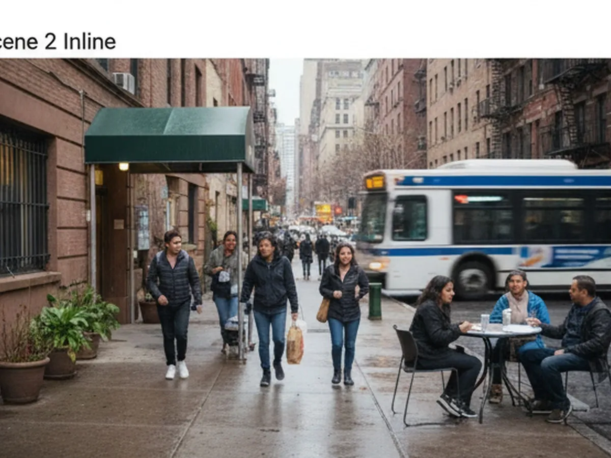 Inline photo one: Close-up street-level scene outside a NYC apartment building with a modest entrance, residents of different ages and backgrounds walking on the sidewalk, and a blurred city bus passing in the background.