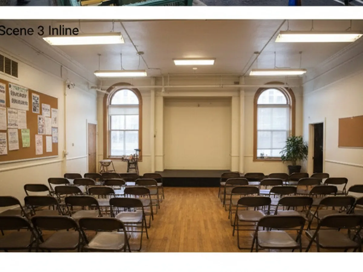 Inline photo two: Interior community room of a New York City housing complex, with chairs arranged in rows, a counselor speaking with a small group at a side table, and flyers about housing assistance pinned to a bulletin board.