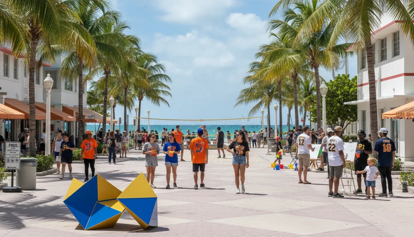 Free Miami Fun: Mets vs Pirates Spirit in Public Spaces and Activities — photorealistic Miami editorial scene