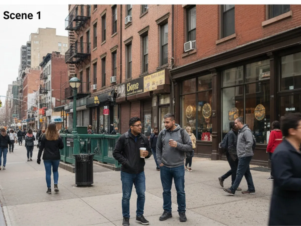 A photorealistic morning street scene in Queens outside a busy small café and bodega corridor, diverse workers checking pay stubs on a phone near a subway entrance, candid editorial style, natural light, no readable text.